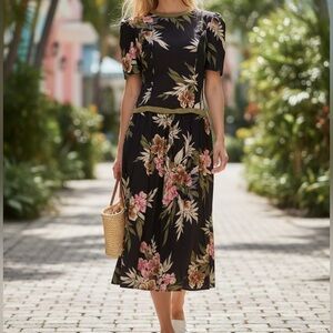 Vintage Tropical Floral Drop Waist Black Midi  Dress
